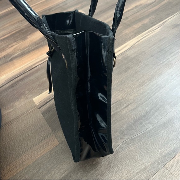 Vintage Neiman Marcus Black Canvas Patent Leather Double Handle Tote Bag - Picture 11 of 12